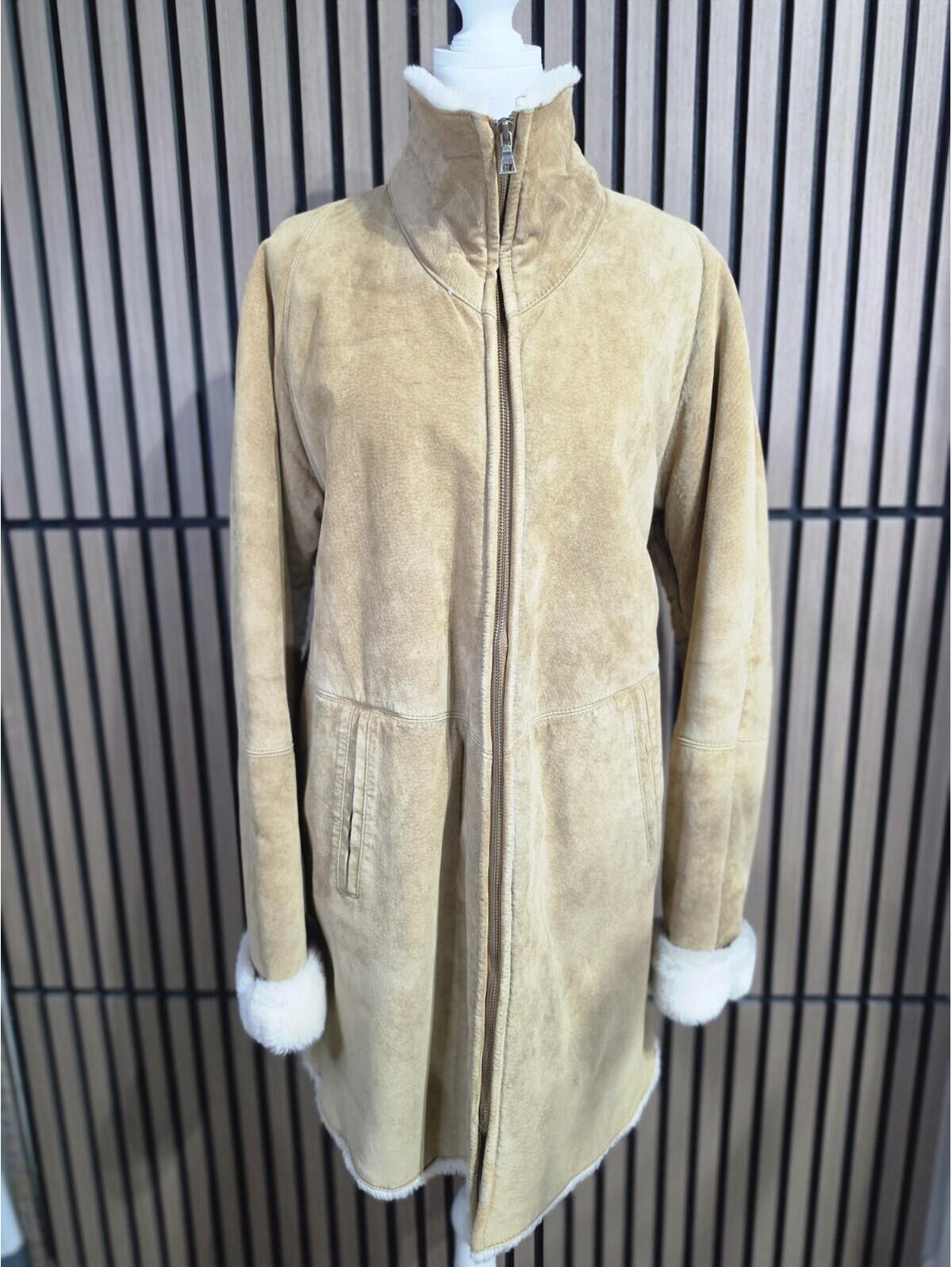 Jones New York Sport Coat Womens Xl Tan Genuine Leather Lined Full Zip Fur Trim